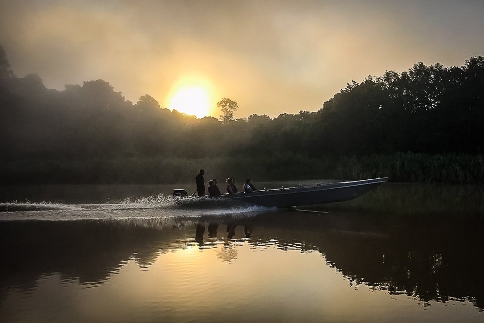 Morning cruise over the Kinabatangan River in Borneo during sunrise