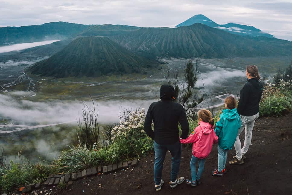 Family with kids enjoying view over Bromo and Tengger