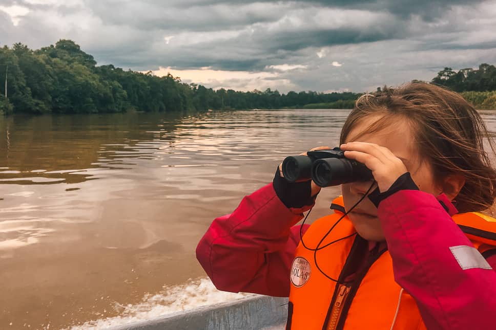 Kid is wildlife spotting with a binocular in Borneo