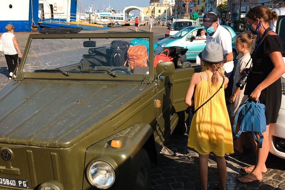 Arriving by ferry at Porto Marina di Procida Vintage VW Jeep