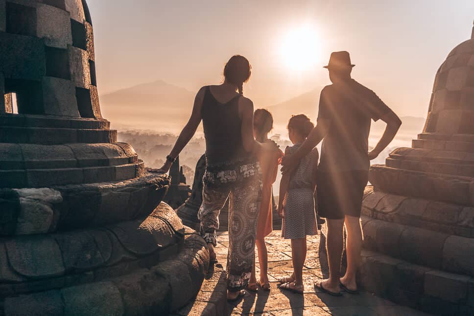 Sunrise at Borobudur in Java with kids
