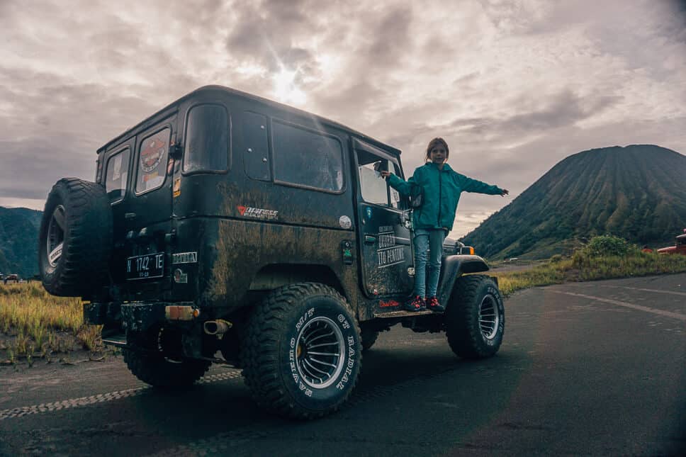 Kids having fun with the 4WD jeep tour in Tengger Bromo Area Java