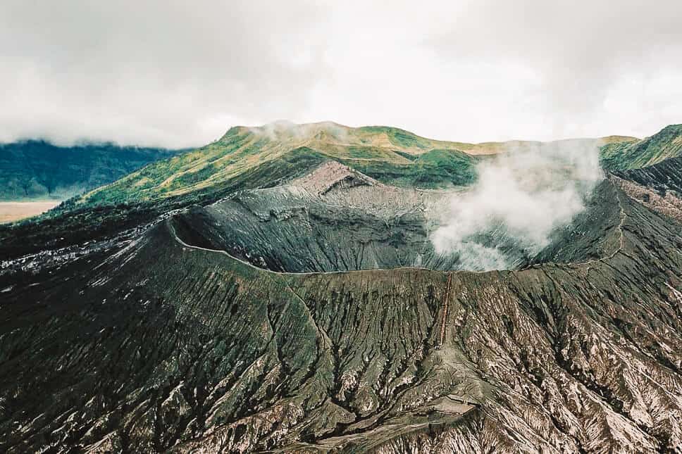 Drone Shot of the Smoking Bromo Volcano on Java