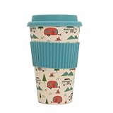 400 ml Reusable Eco Friendly Bamboo Fiber Coffee Travel Mug with Camping Trailer Pattern and Blue Silicon Sleeve and Lid.…