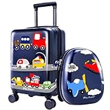 iPlay, iLearn Kids Carry On Luggage Set, 18" Hardside Rolling Suitcase W/Spinner Wheels, Hard Shell Travel Luggage W/Backpack for Boys Toddlers Children