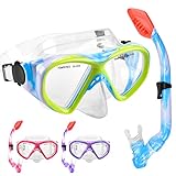 Kids Snorkel Set Dry Top Snorkeling Gear for Kids Youth Boys Girls Junior Age 5-15,Tempered Glass Swimming Diving Mask and Snorkel Set 180 Degree Panoramic View (Blue)