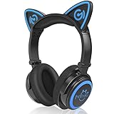 MindKoo Cat Ear Bluetooth Headphones with Microphone, LED Light Up Over Ear Headphones, Volume Control and Foldable Headset for Tablet/PC/iPad/Cell Phones, Gift for Kids Boys & Girls