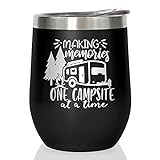 Joyloce Camper Wine Tumbler Coffee Mug Camping Cup Stemless Tumblers With Lid Stainless Steel Insulated Vacuum 12 Oz Gifts For Camping RV Travel, Making Memories One Campsite At A Time