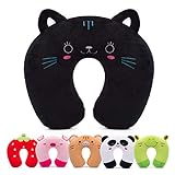 H HOMEWINS Travel Pillow for Kids Toddlers-Soft Neck Head Chin Support Pillow,Cute Animal,Comfortable in Any Sitting Position for Airplane,Car,Train,Machine Washable,Children Gift (Black cat)