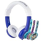 ONANOFF BuddyPhones Explore Foldable, Volume-Limiting Kids Headphones with Travel Bag, Built-In Audio Sharing Cable with Mic, Compatible with Fire, iPad, iPhone, and Android Devices, Blue
