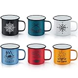 E-far Enamel Camping Mug Set of 6, 16 Ounce Metal Enamel Coffee Tea Cups for Outdoor Camping Hiking Backpacking Kids, 2-Sided Unique Graphic Design & Large Size - Colourful