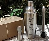 Camping For Foodies Sleek Brushed Stainless Steel 5-piece Martini And Cocktail Shaker Gift Set In Decorative Box Displaying Fun Message. Camp, Hike, Cook, Drink, Eat, Repeat.