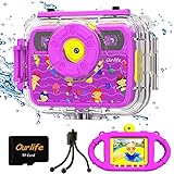 Ourlife Kids Waterproof Camera Gifts for Girls, 1080P HD Digital Video Camera with 2.4'' IPS Screen, Fill Lights, Children Selfie Underwater Camera Toy for Little Girls with TF Card, Silicone Handle