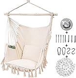 Kanchimi Hanging Chair-Max 330 Lbs.Large Hammock Chair with Detachable Metal Support Bar& Side Pocket.Hanging Rope Swing for Patio Bedroom or Tree- 2 Removable Seat Cushions Included（White）