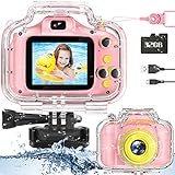 Miiulodi Kids Waterproof Camera - Birthday Gifts for 3 4 5 6 7 8 9 10 Year Old Girls 2 Inch IPS Screen Underwater Action Camera with 32 GB SD Card, Pool Toys for Kids Age 8-12 Pink
