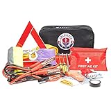 Roadside Assistance Emergency Car Kit - First Aid Kit, Jumper Cables, Tow Strap, led Flash Light, Rain Coat, Tire Pressure Gauge, Safety Vest and More Ideal Winter Accessory for Your Car (Black)