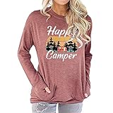Womens Happy Camper Sweatshirt Vintage Mountain Graphic Tee Long Sleeve Pullover Blouses Top Shirts with Pockets Pink