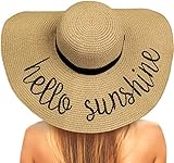 Chalier Foldable Beach Hats for Women, Embroidered Floppy Hats for Women Beach, Vocation, Cruise, Honeymoon, Travel, A Hello Sunshine