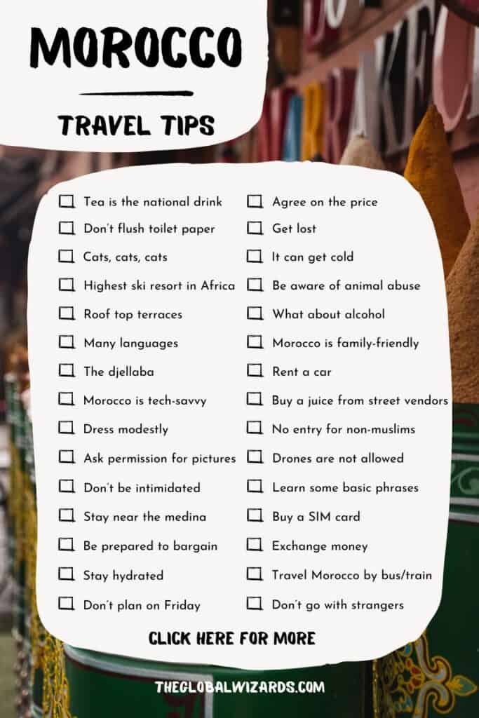 Checklist of 30 essential travel tips for Morocco
