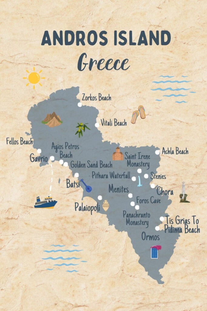 Kaart van Andros eiland tijdens je reisroute in Griekenland