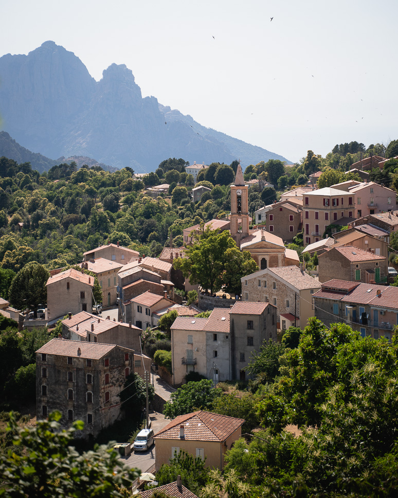 View of the mountain village of Evisa in Corsica.