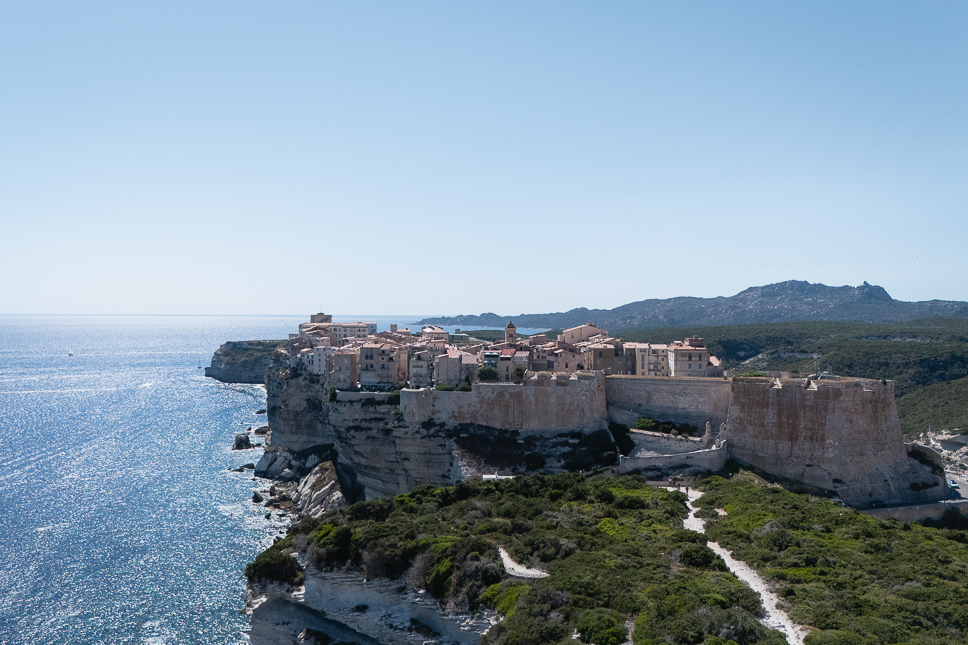 View of the old citadel of Bonifacio on top of cliffs in Corsica