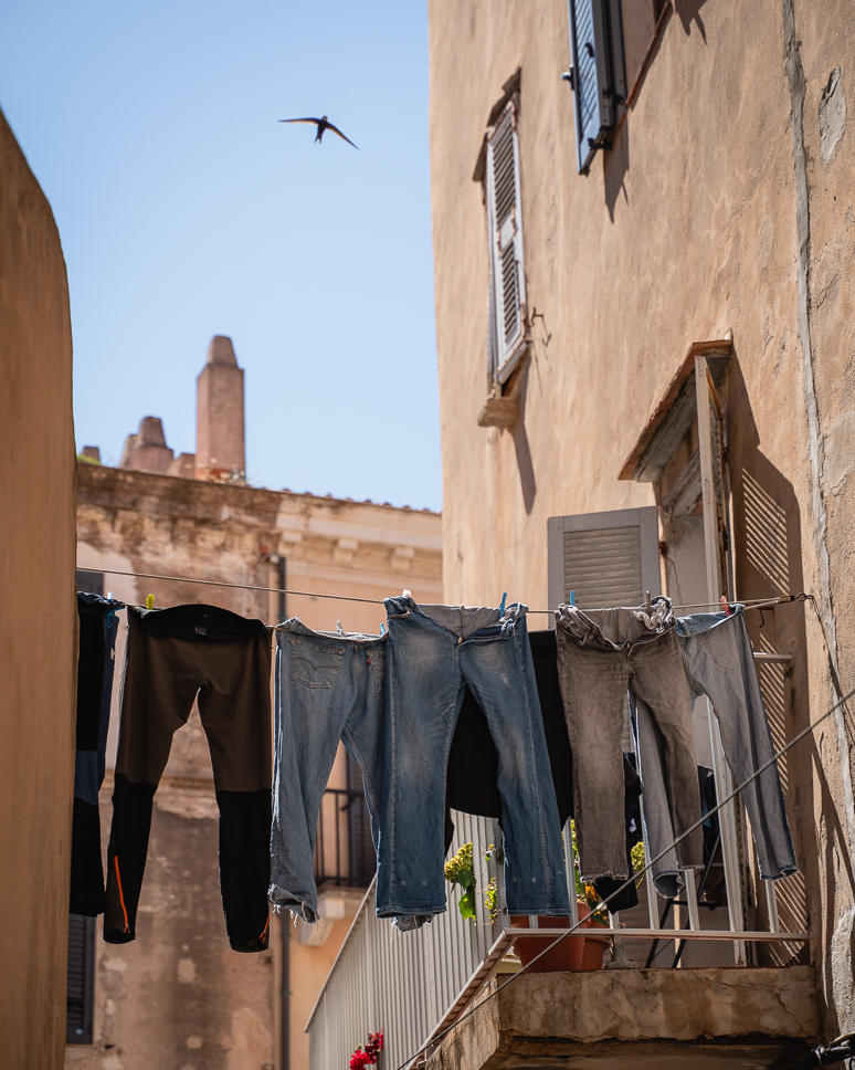 Laundry hanging in the streets of the citadel in Bonifacio, Corsica.