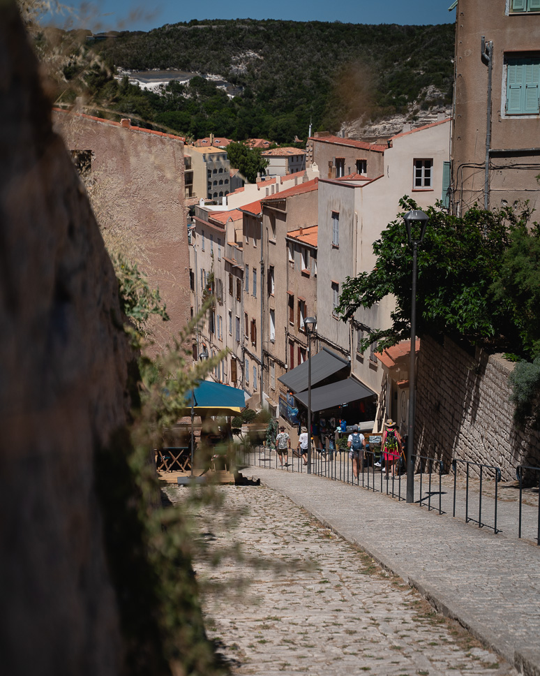 Steep road and steps from the harbor to the citadel in Bonifacio.
